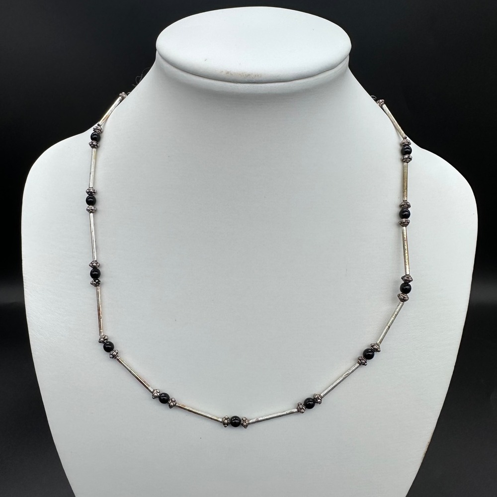 Napier Vintage Beaded Bar Necklace Silver Tone Black Glossy Beads 17.5 in
